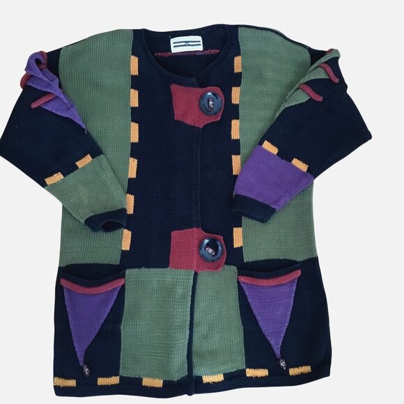 VTG SANDRA MILLER Hand Loomed Beaded Wearable Art Knit Cardigan Lagenlook OS